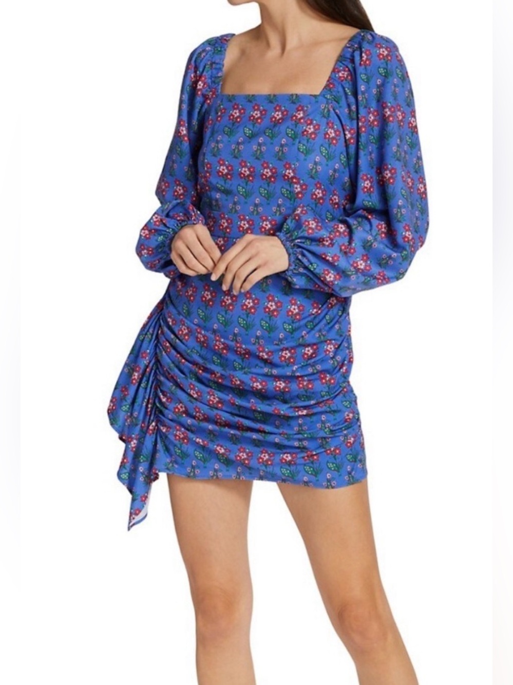 RHODE Mina Blue Floral Square-Neck Ruched Mini Dress with Puff Sleeves